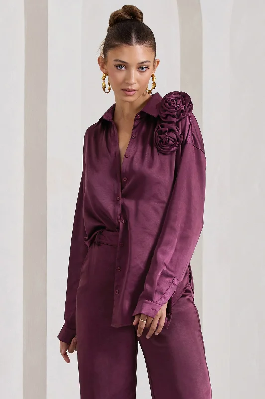 Rosanna | Burgundy Satin Oversized Shirt With Flowers Fashionable Shirt Dress